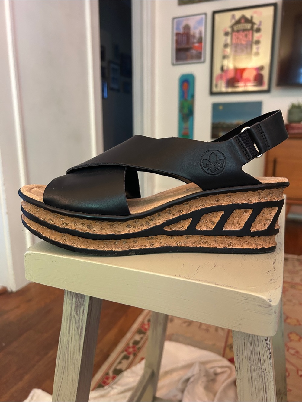 Rieker Black Leather Open-Toe Slingback Sandals- 41